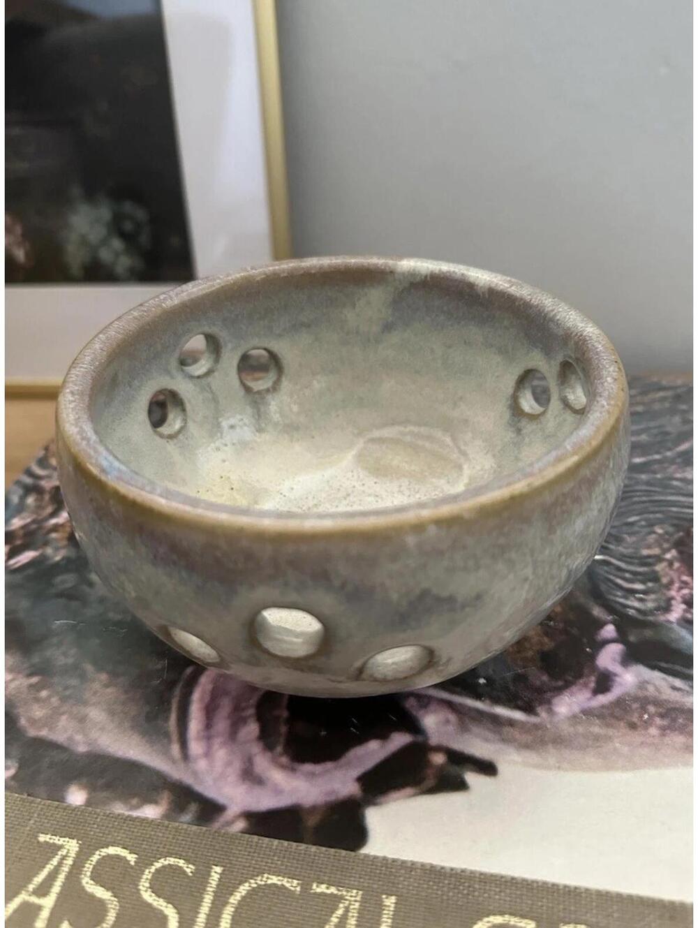 Vintage Studio Pottery Candle Holder Bowl w/ Holes Rustic Glaze Artisan Ceramic